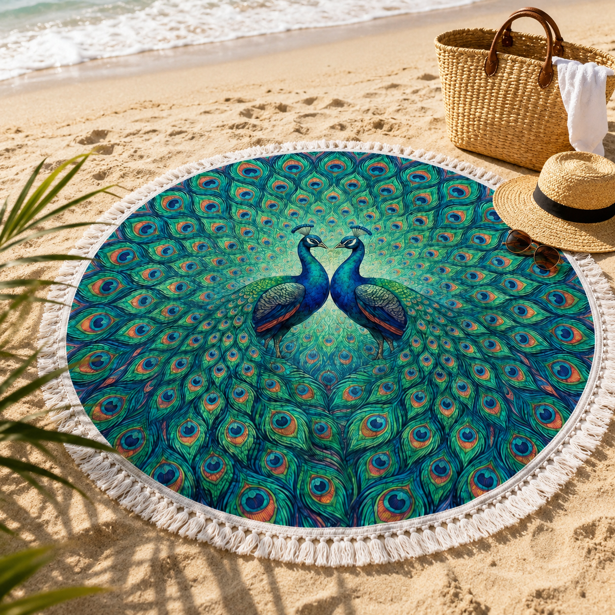 Quick-Drying Terry Cloth Round Beach Towel (Peacock Print)