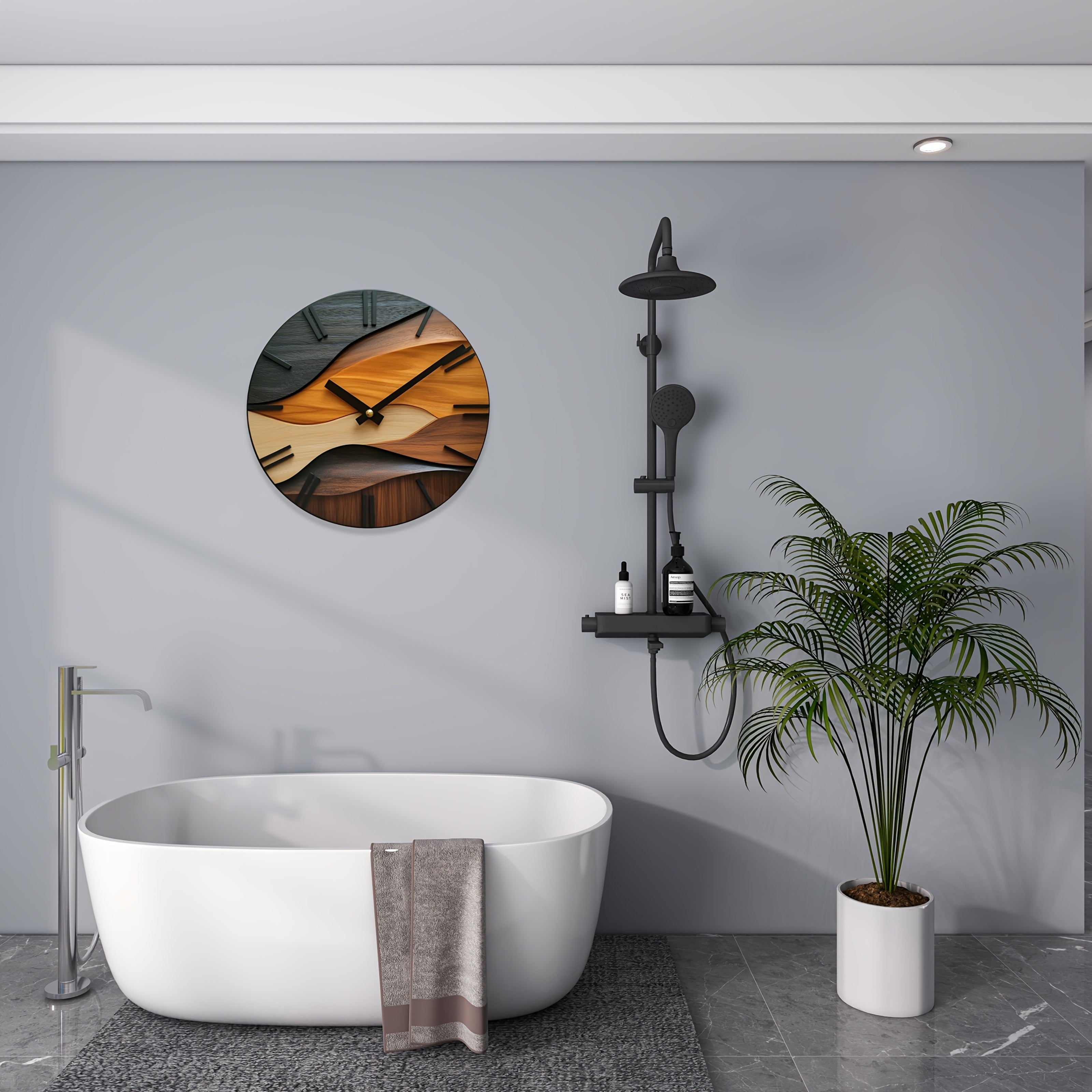 Round Glass Wall Clock with Faux Wood Grain - Nordic Style Decor