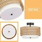 Rattan Ceiling Lamp in Boho Style | Linen Shade Semi-Flush Design