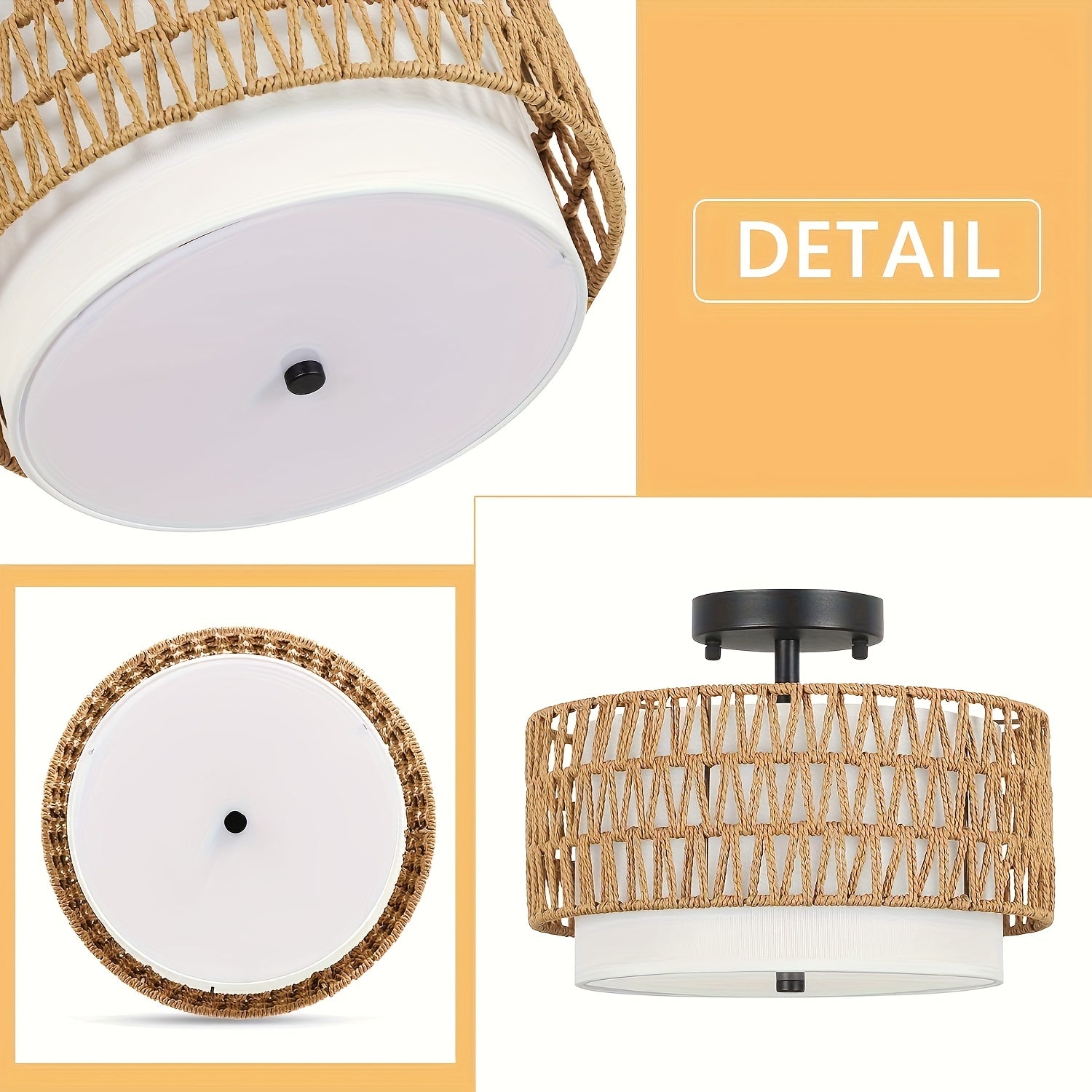 Rattan Ceiling Lamp in Boho Style | Linen Shade Semi-Flush Design