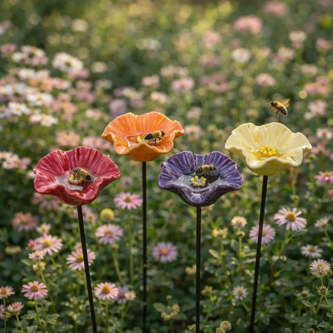 Glazed Ceramic Bee Waterer Stakes (Set of 4)