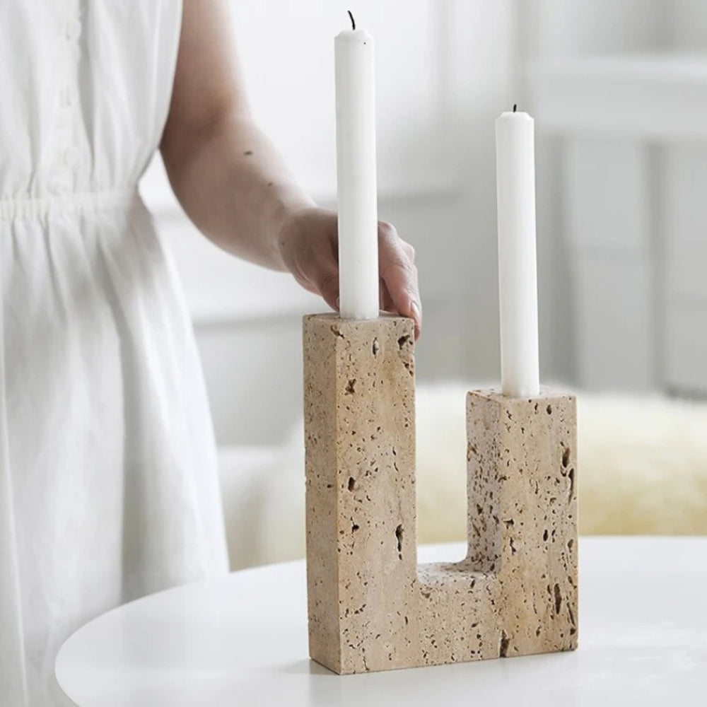 Modern Sculptural Candle Holder in Dual Travertine Design