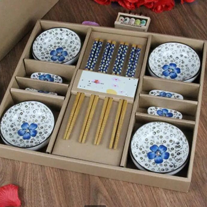 Serenity Blossom 12-Piece Ceramic Dining Set with Chopsticks