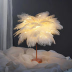 Round Base Table Lamp with Metal Stem and Feather Shade