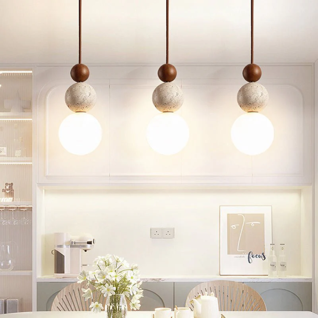 Travertine and Wood Pendant Light with Glass Shade