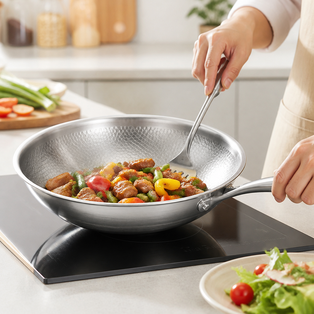 Heavy-Duty Sandwiched Titanium Stainless Steel Wok (Induction Compatible)