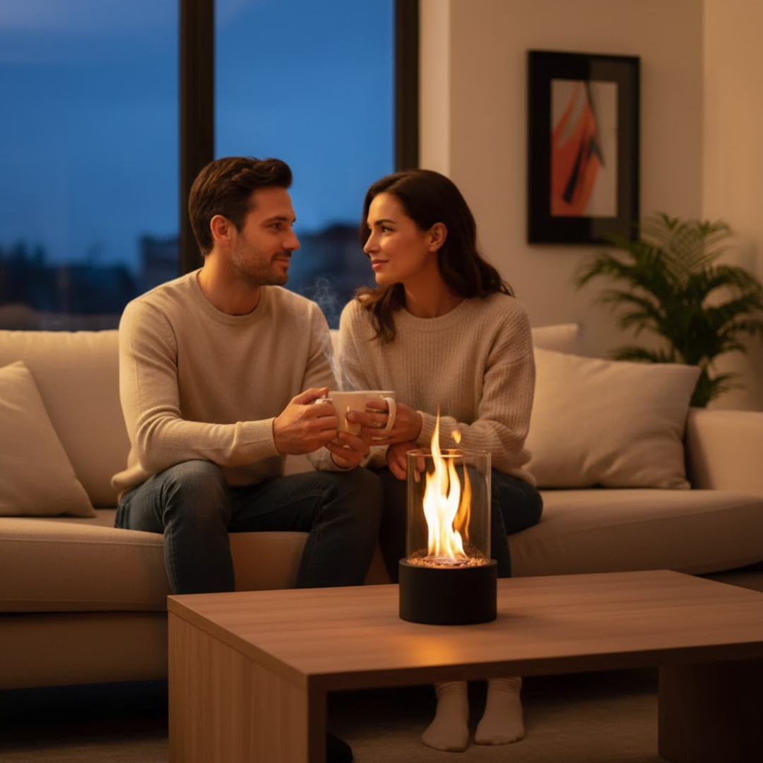 Glass Cylinder Bioethanol Fireplace for Tabletop with Metal Base