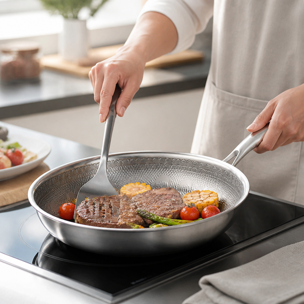 Physical Non-Stick Titanium-Infused Three-Layer Steel Frying Pan