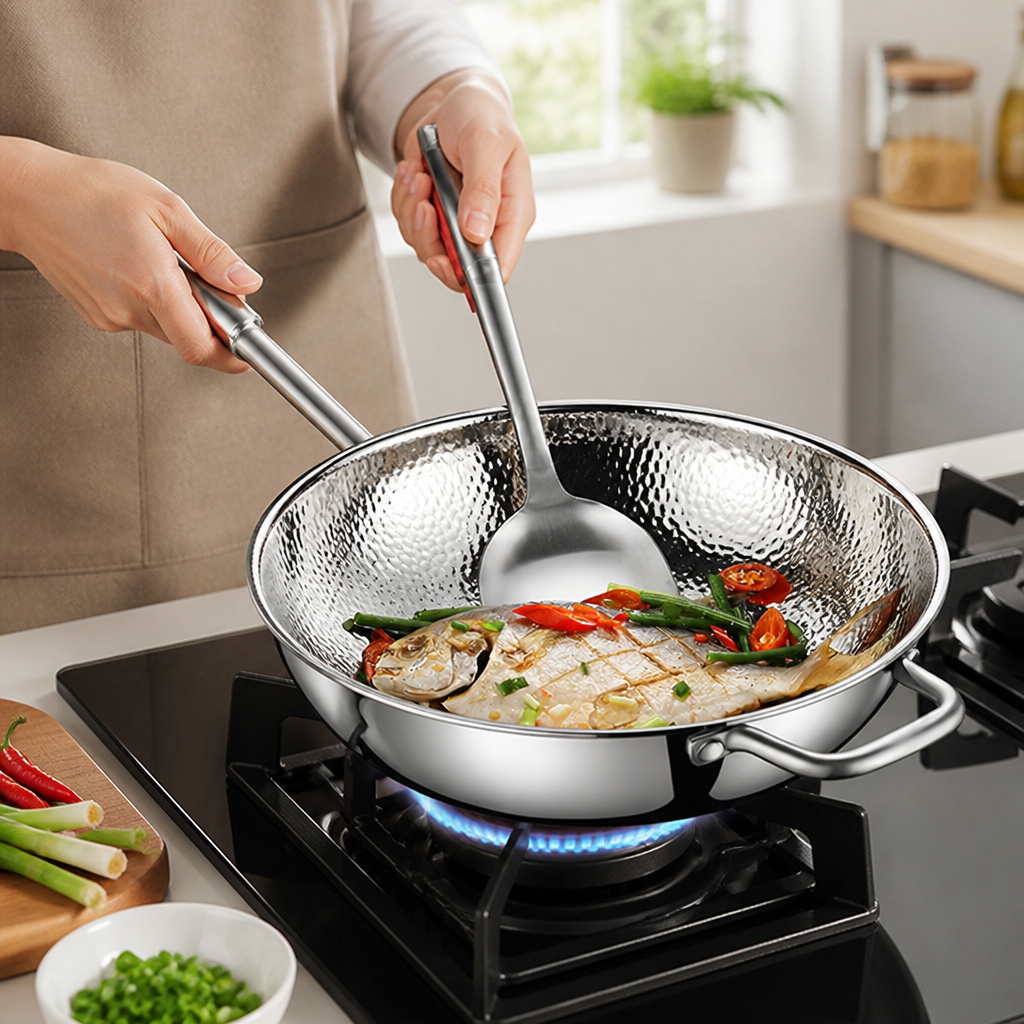 Uncoated SUS304 Stainless Steel Wok Pan (30 cm Flat Bottom)