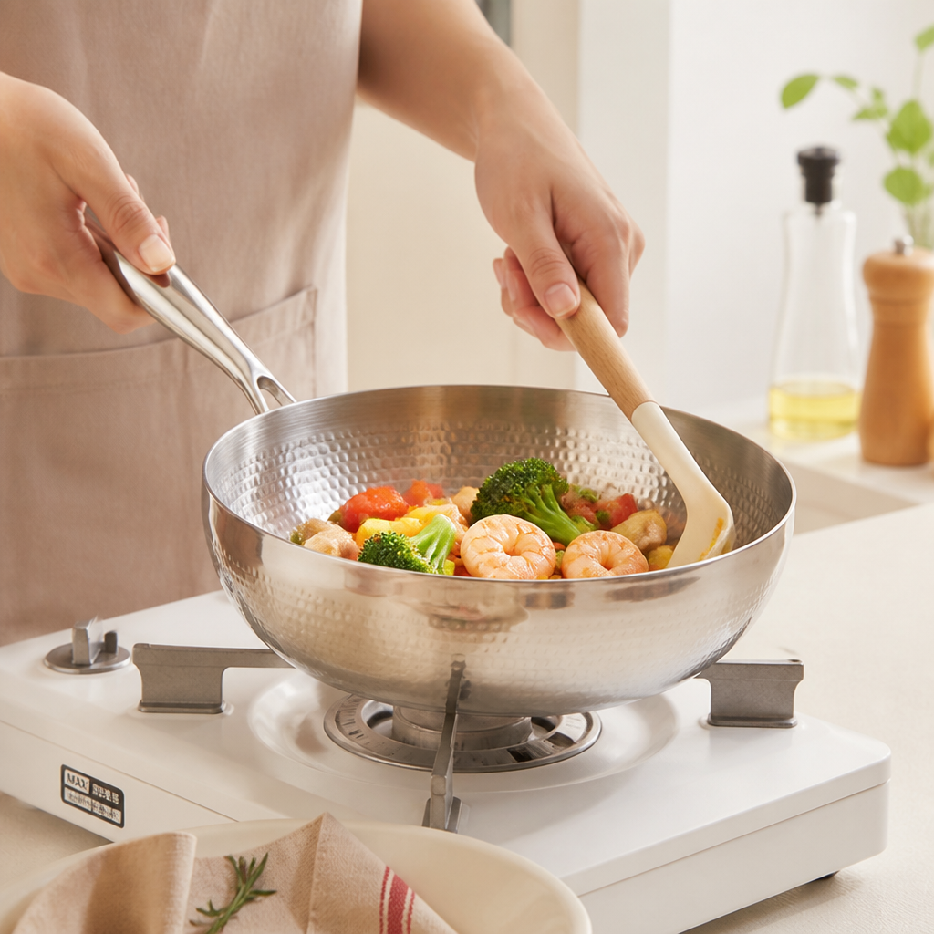 Coating-Free Hammered 304 Stainless Steel Deep Frying Pan