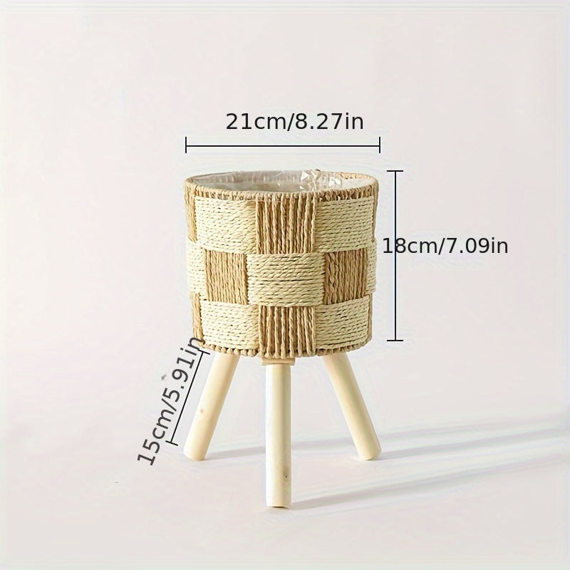 Handcrafted Rattan Planter with Wooden Legs - Bohemian Bamboo Flower Stand