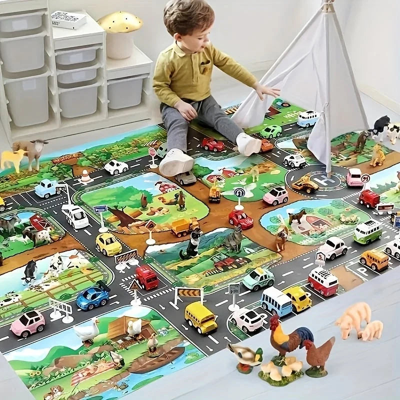Kids Play Mat Reversible Farm & Traffic Machine Washable