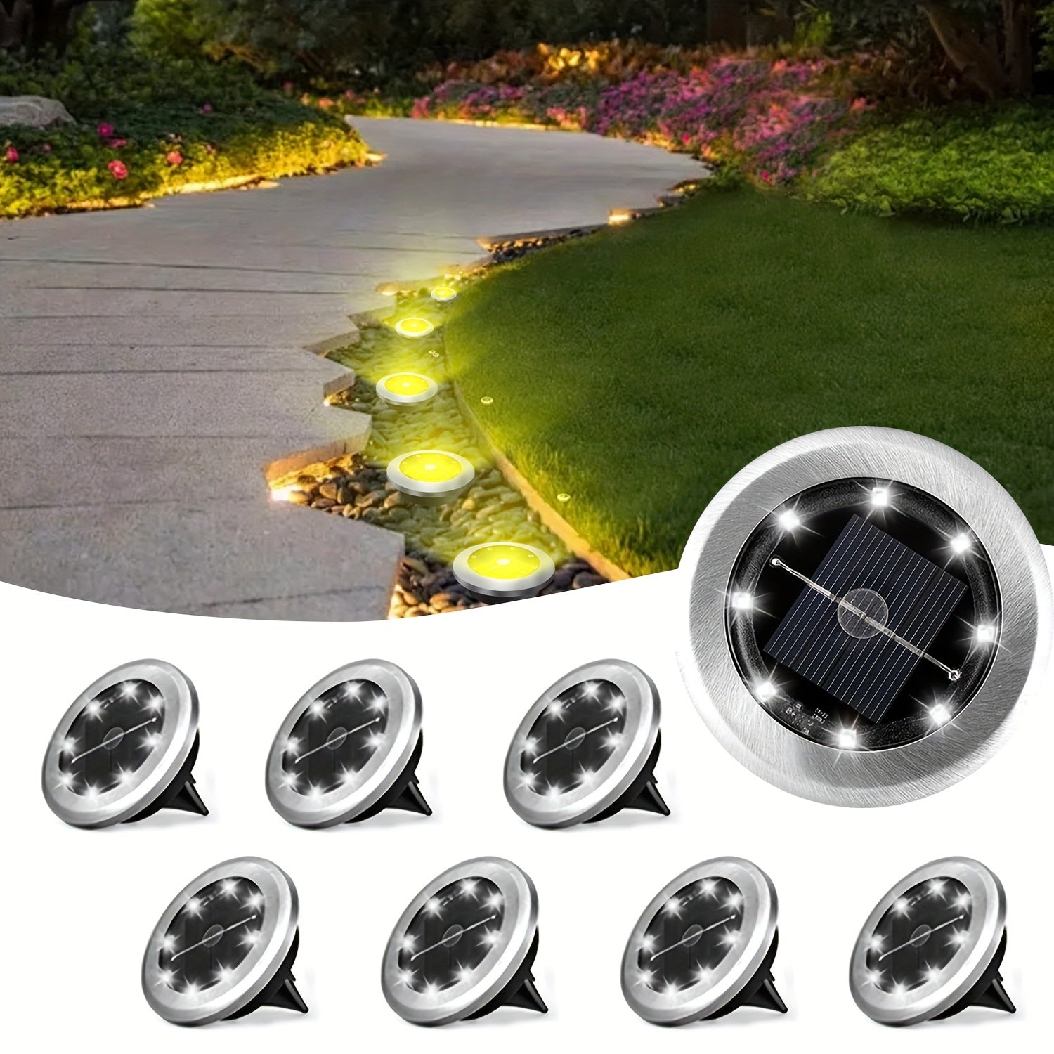 Solar-Powered Weatherproof Stainless Steel Ground Spotlight (8 LEDs)