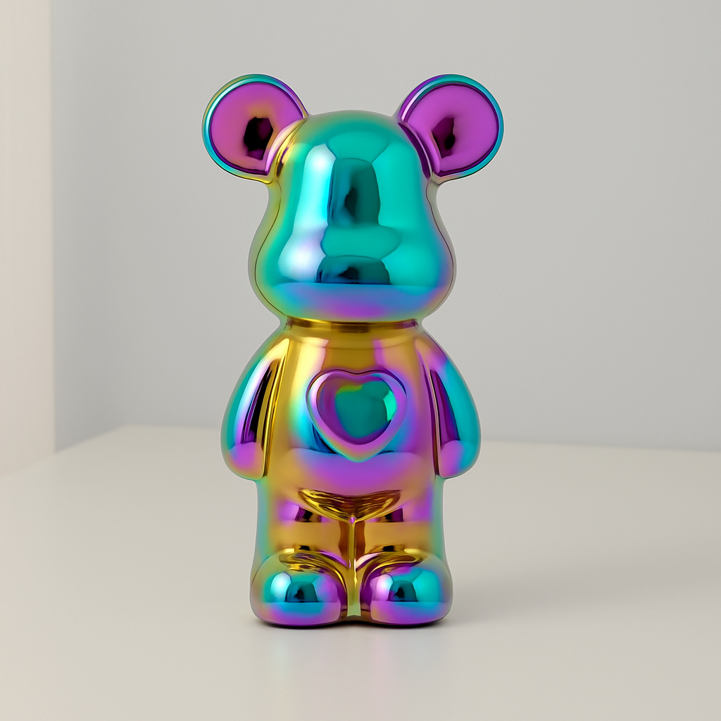 Chrome Finish Ceramic Bear Statue with Galvanized Detailing