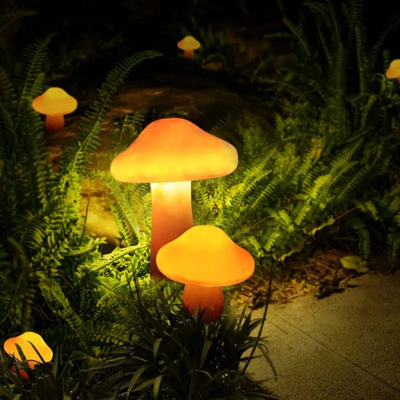 Garden Lamp Set with LED Mushrooms in Orange Resin for Outdoors