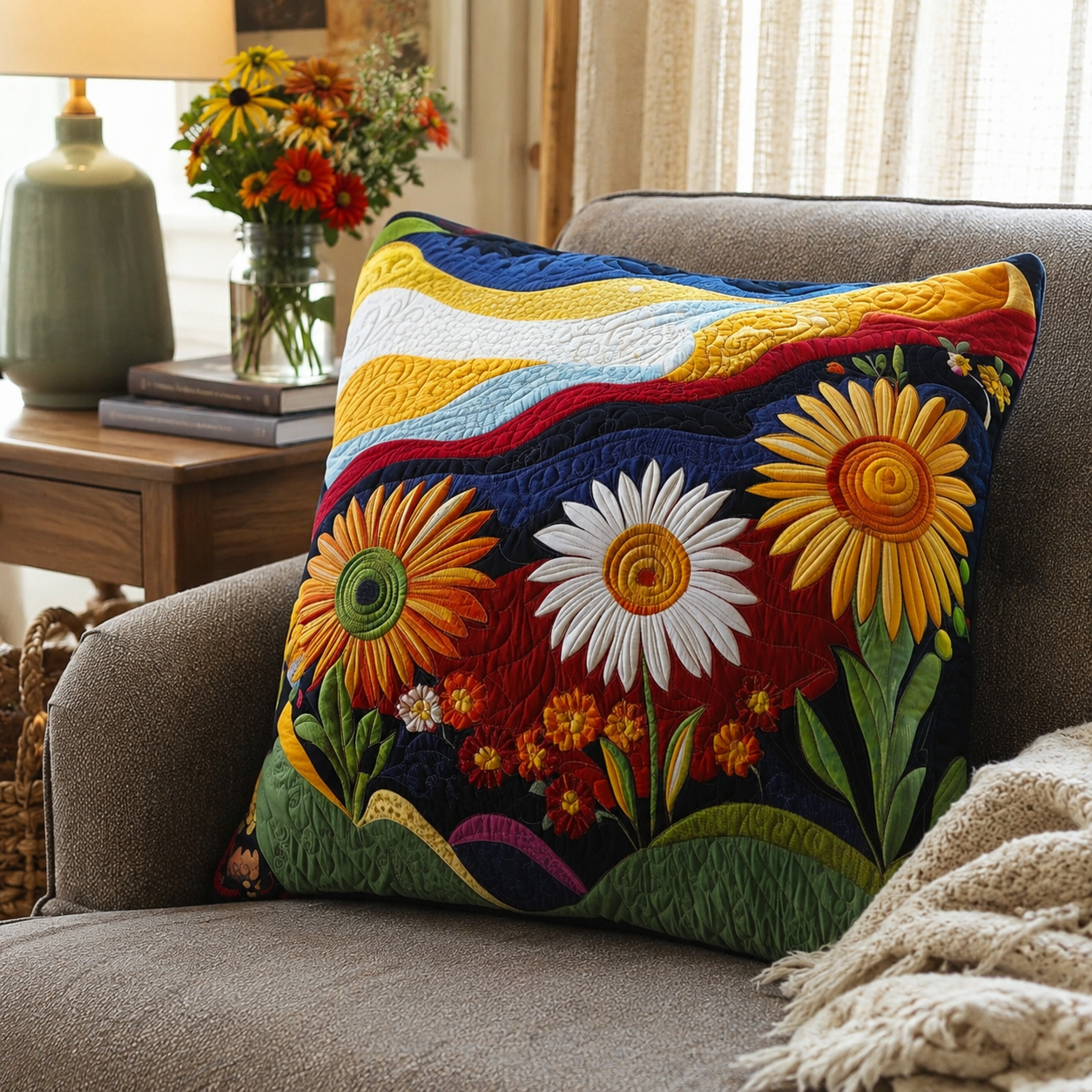 Quilted Cotton-Polyester Sunflower Pillowcase (Envelope Closure)