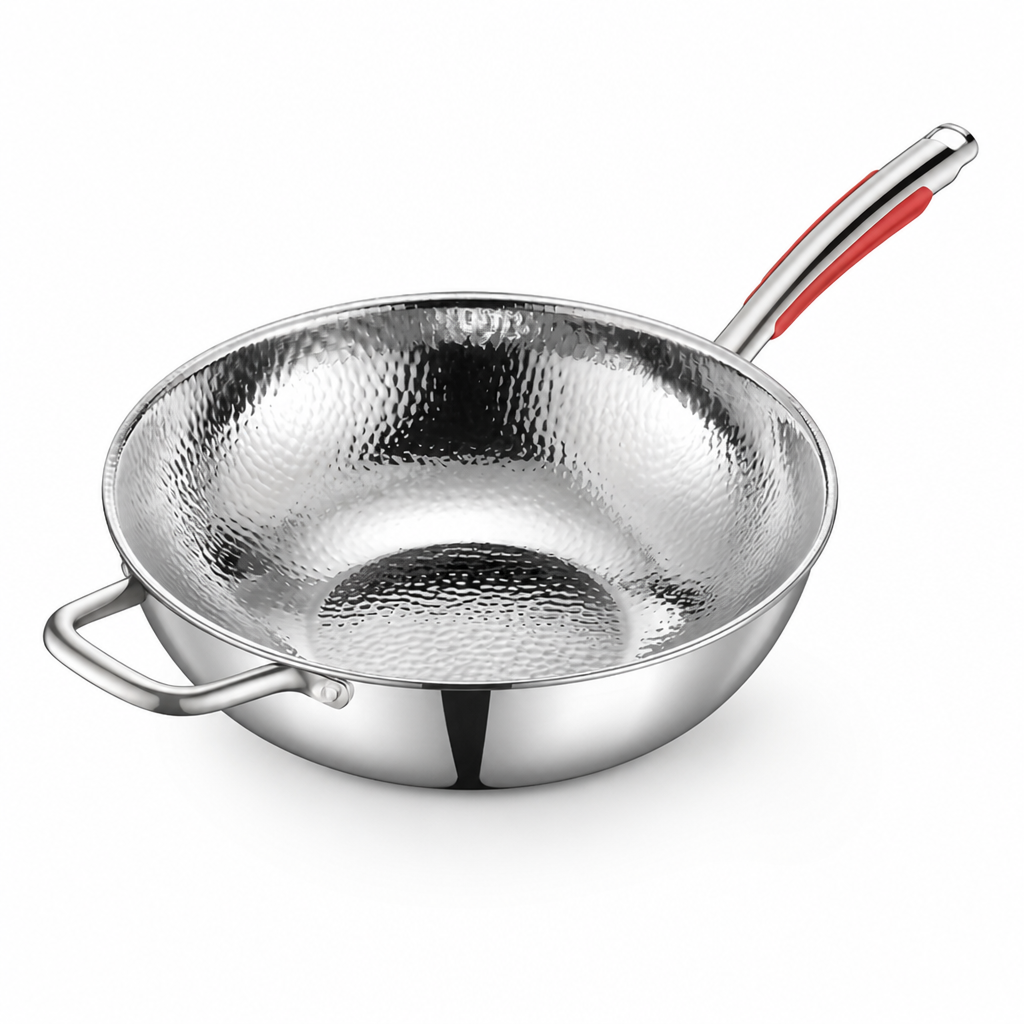 Uncoated SUS304 Stainless Steel Wok Pan (30 cm Flat Bottom)
