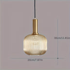 Contemporary Striped Pendant Light Fixture | Ribbed Glass with Brass