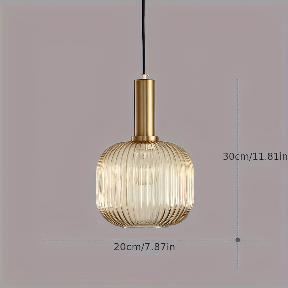 Contemporary Striped Pendant Light Fixture | Ribbed Glass with Brass