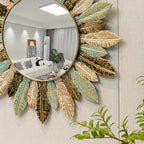 Teal and Gold Leaf Decorative Wall Mirror with Sunburst Design