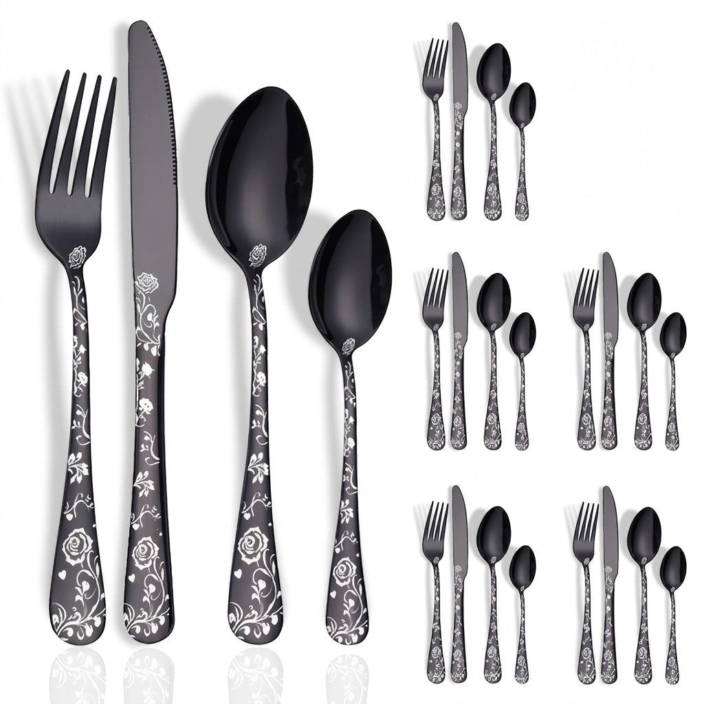 Floral Handle 24-Piece Cutlery Set with Embossed Design
