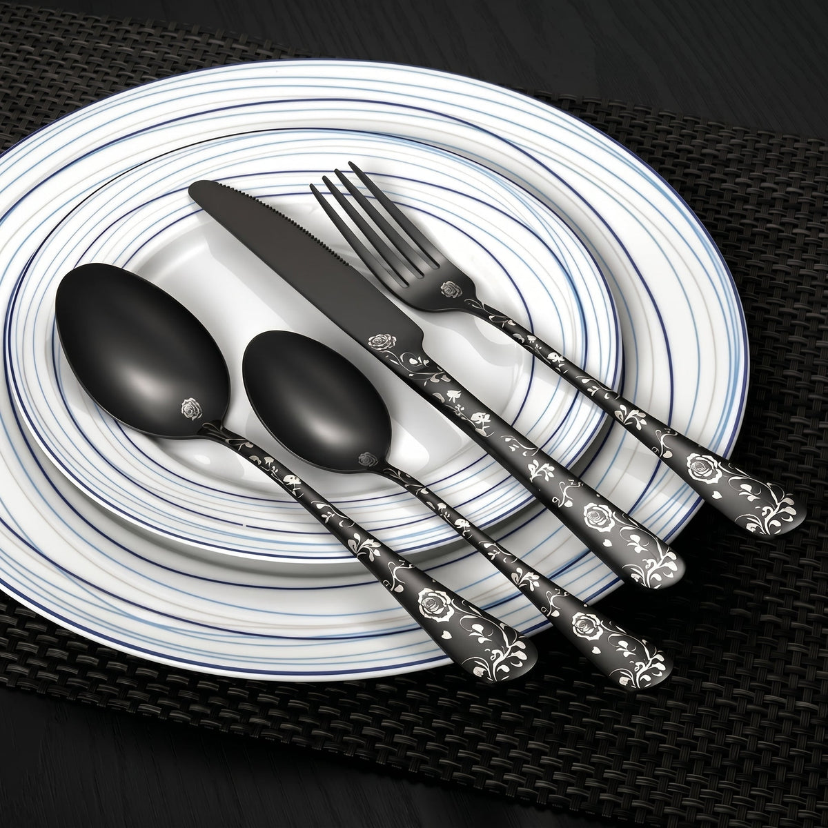 Floral Handle 24-Piece Cutlery Set with Embossed Design