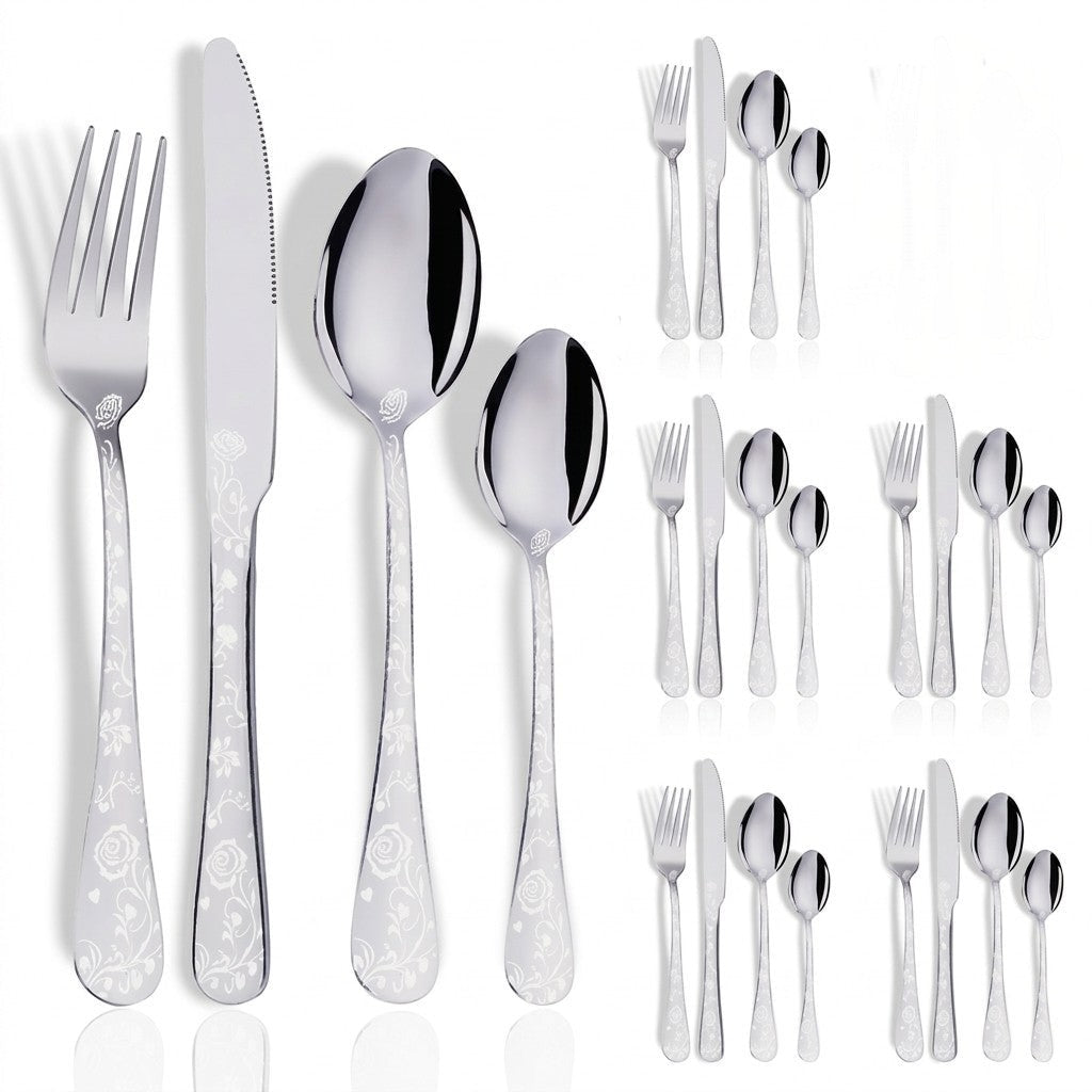 Floral Handle 24-Piece Cutlery Set with Embossed Design