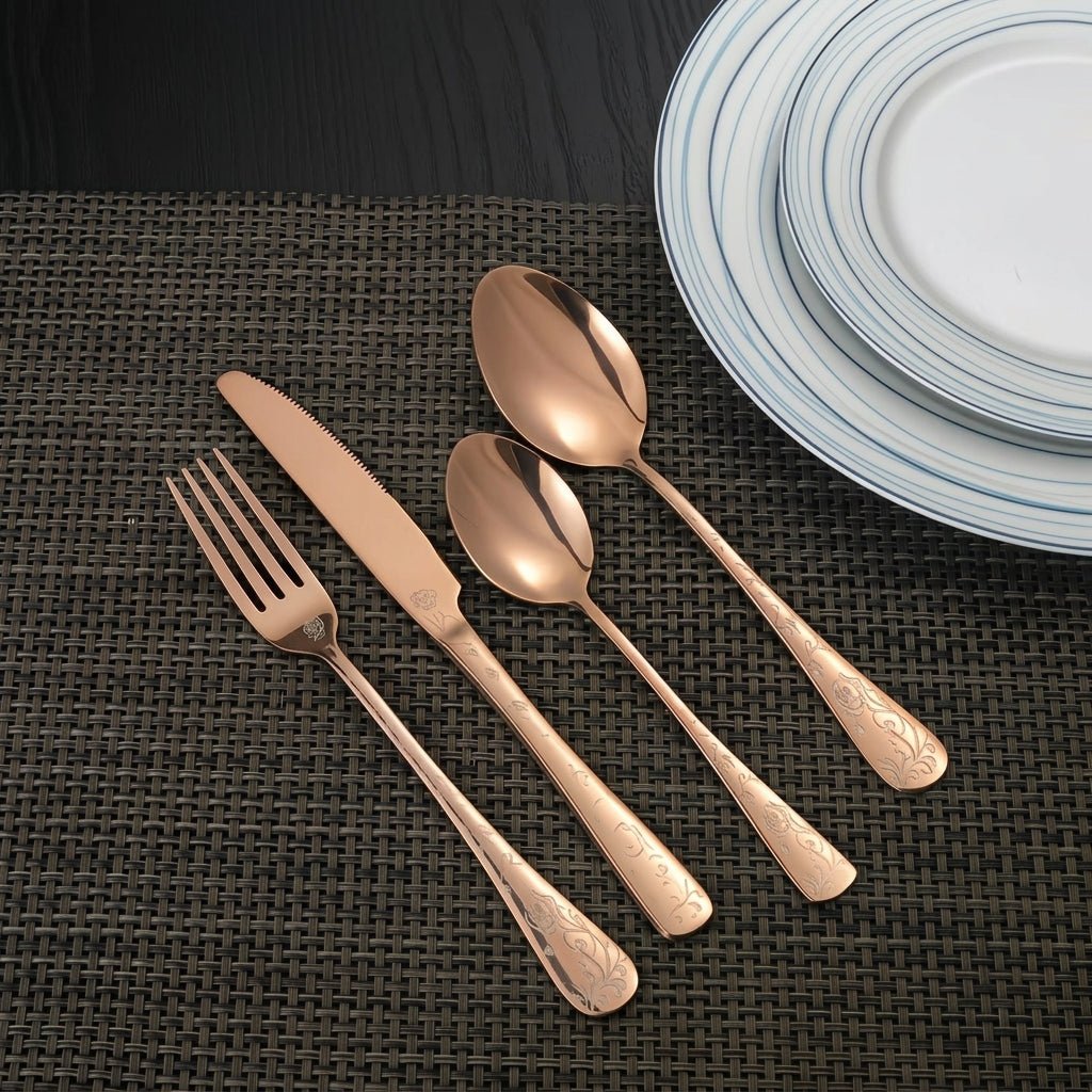 Floral Handle 24-Piece Cutlery Set with Embossed Design