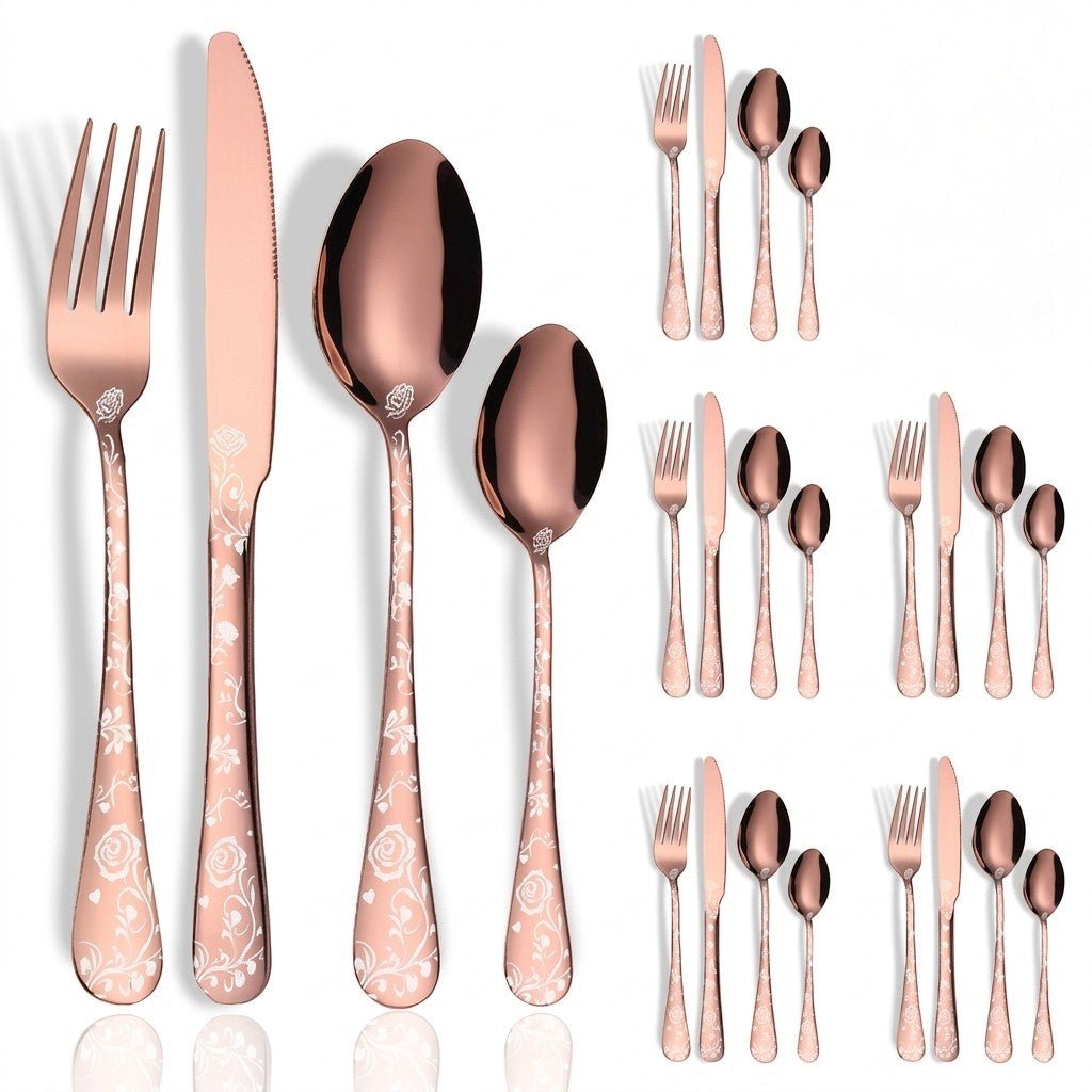 Floral Handle 24-Piece Cutlery Set with Embossed Design