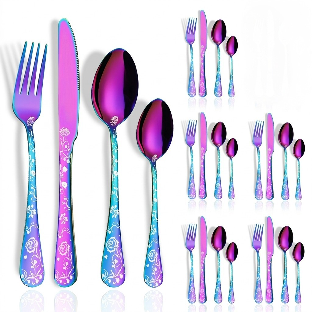 Floral Handle 24-Piece Cutlery Set with Embossed Design