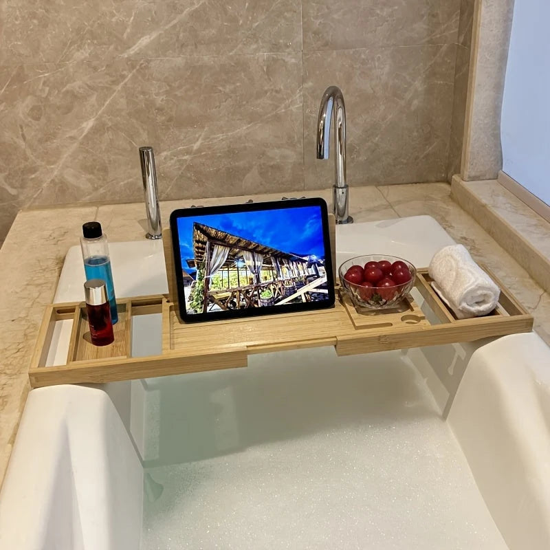 Bathtub Tray Adjustable Bamboo Book & Drink Holder