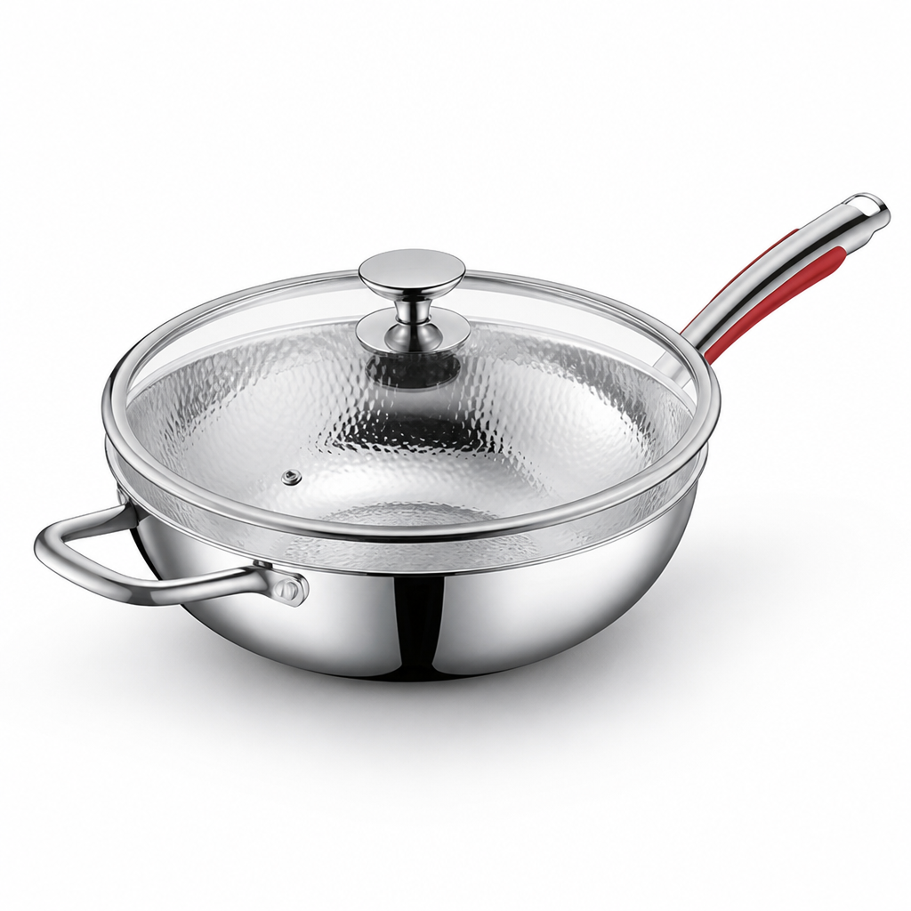 Uncoated SUS304 Stainless Steel Wok Pan (30 cm Flat Bottom)