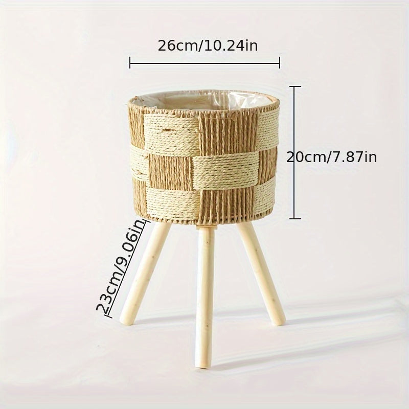 Handcrafted Rattan Planter with Wooden Legs - Bohemian Bamboo Flower Stand