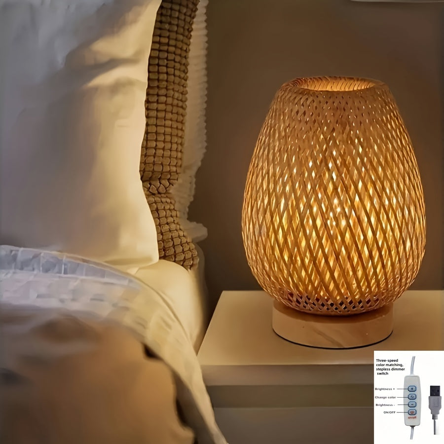 Bamboo Woven Bedside Lamp – Dimmable Table Light with USB Connection