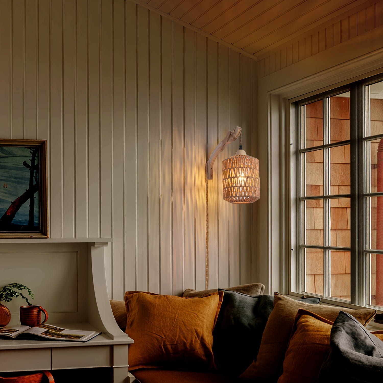 Handcrafted Rattan and Wood Wall Light Fixture – Plug-In Design