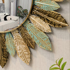 Teal and Gold Leaf Decorative Wall Mirror with Sunburst Design