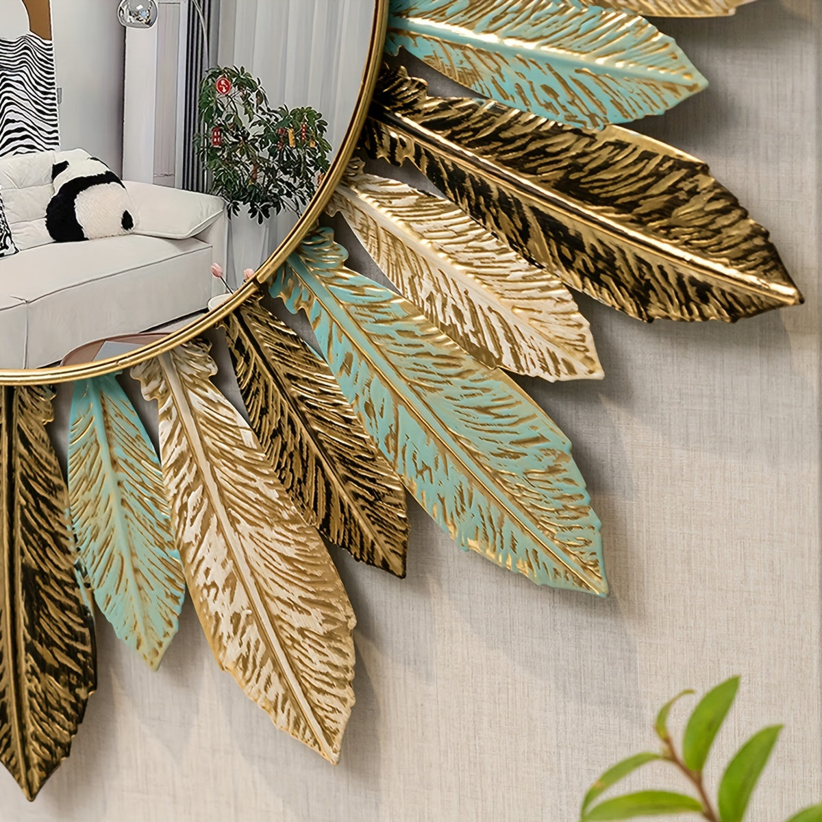 Teal and Gold Leaf Decorative Wall Mirror with Sunburst Design
