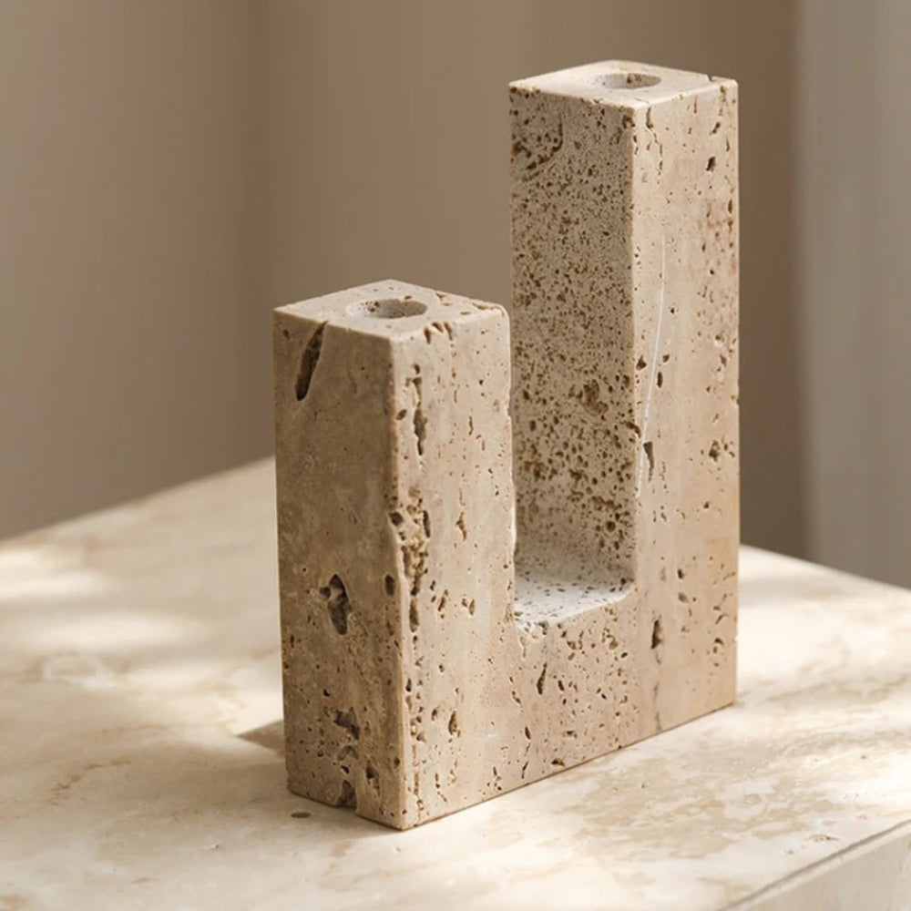 Modern Sculptural Candle Holder in Dual Travertine Design