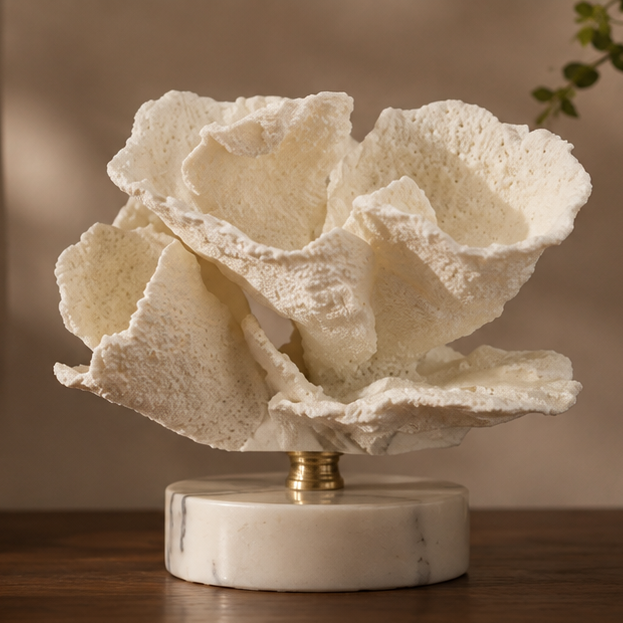 Ocean Harmony Coral Art with Marble Stand - Elegant Resin Decor