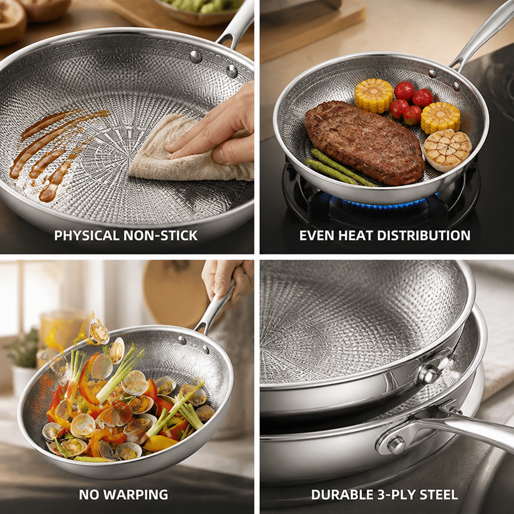 Physical Non-Stick Titanium-Infused Three-Layer Steel Frying Pan