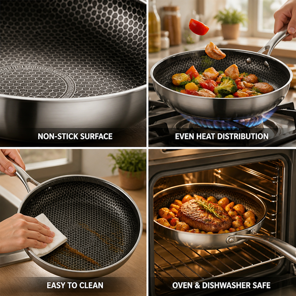 Tri-Ply Stainless Steel Honeycomb Non-Stick Frying Pan (Multiple Sizes)