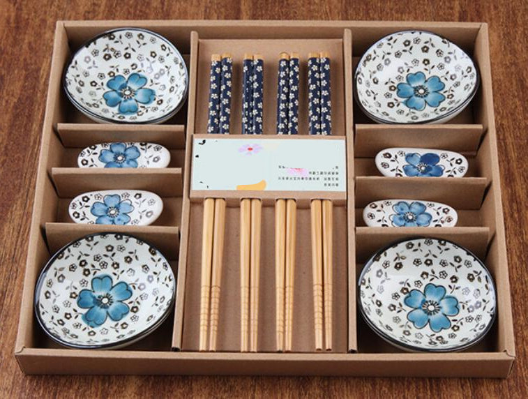 Serenity Blossom 12-Piece Ceramic Dining Set with Chopsticks