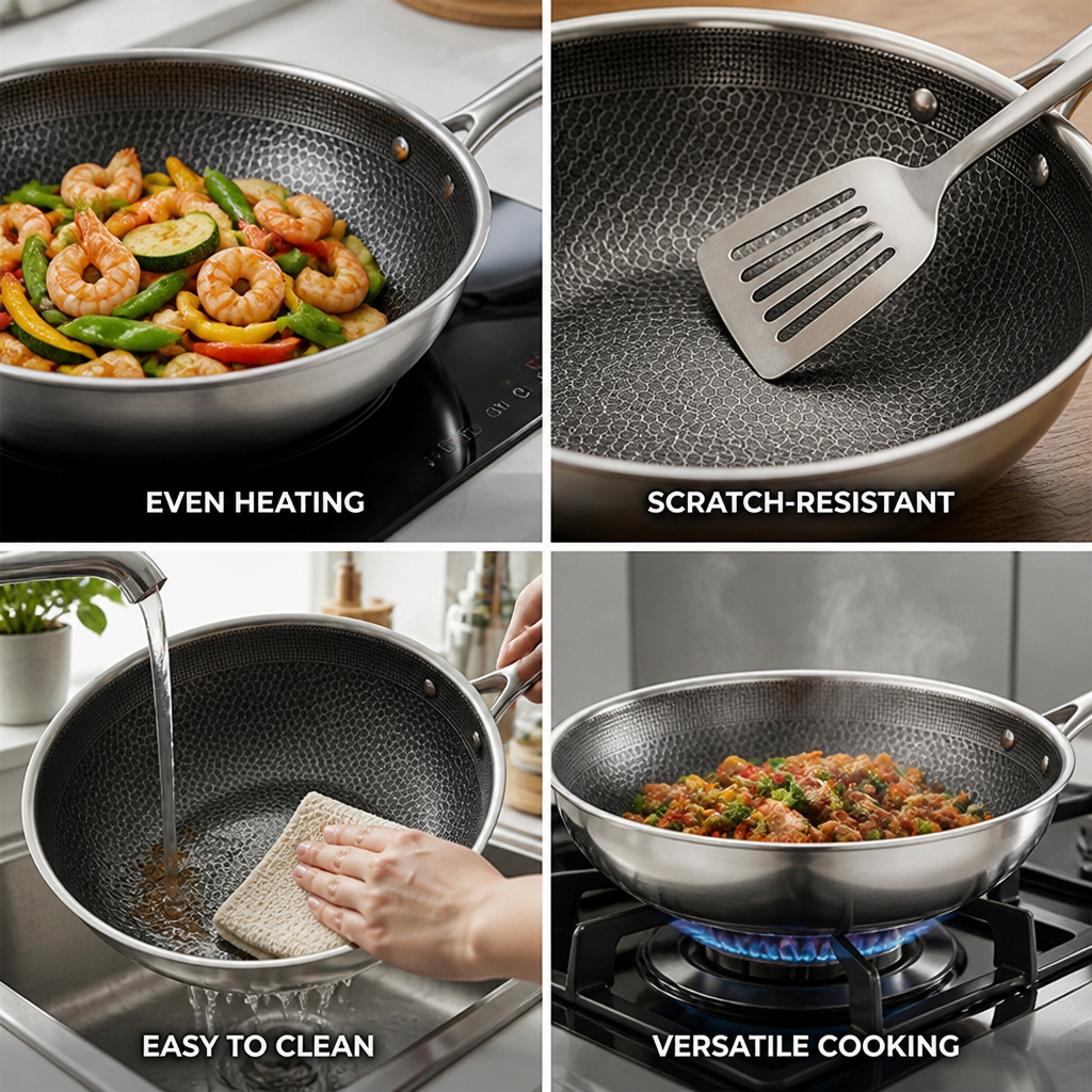 Honeycomb Stainless Steel Scratch-Resistant Non-Stick Wok (30–36 cm)
