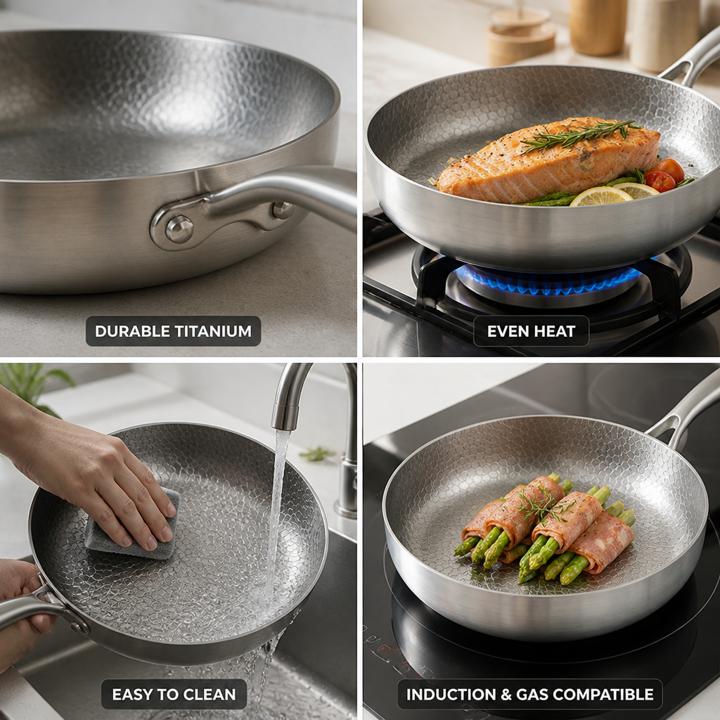 Thick Hammered Titanium Non-Coated Non-Stick Frying Pan (Induction & Gas Compatible)