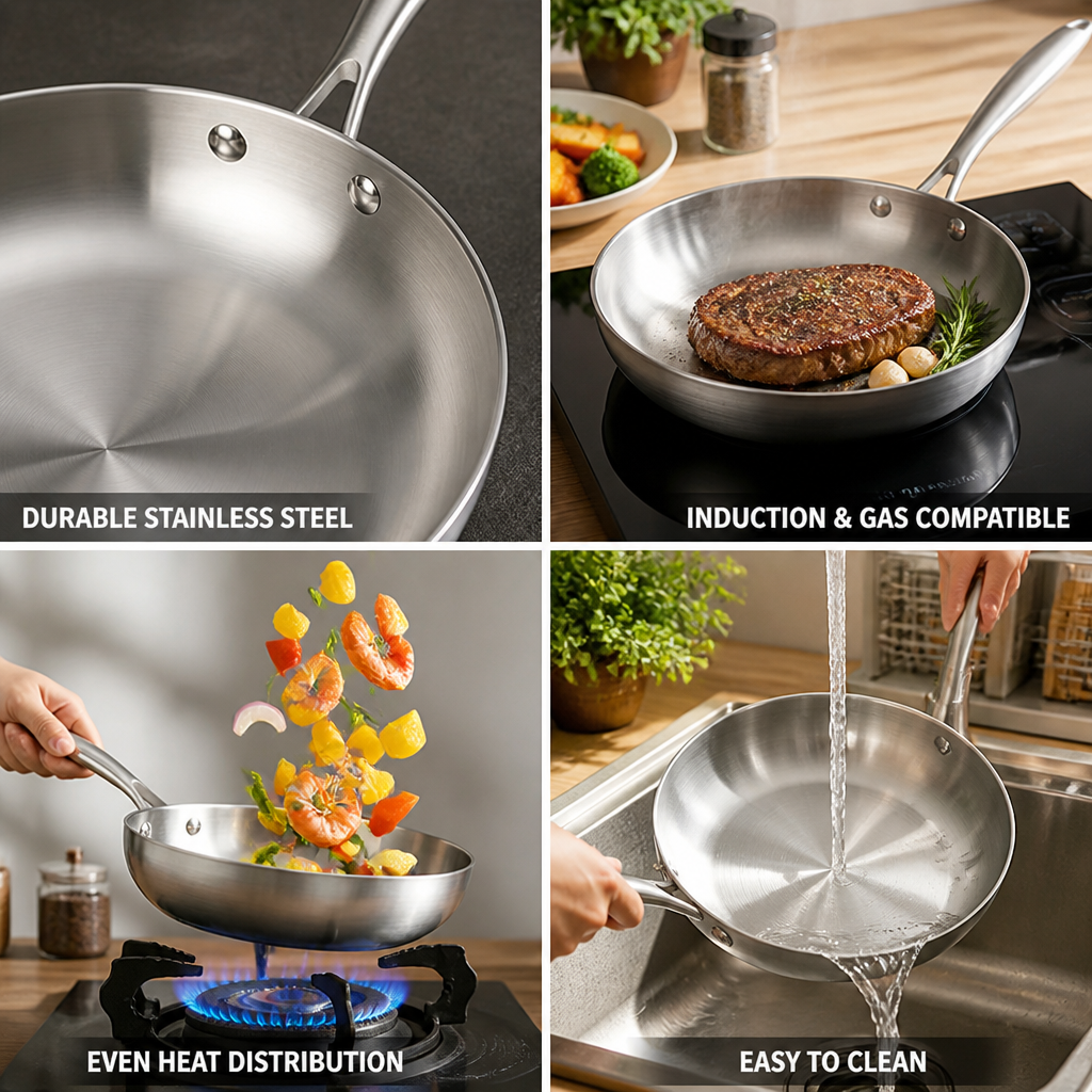 Uncoated Stainless Steel Induction & Gas Compatible Frying Pan (Multiple Sizes)