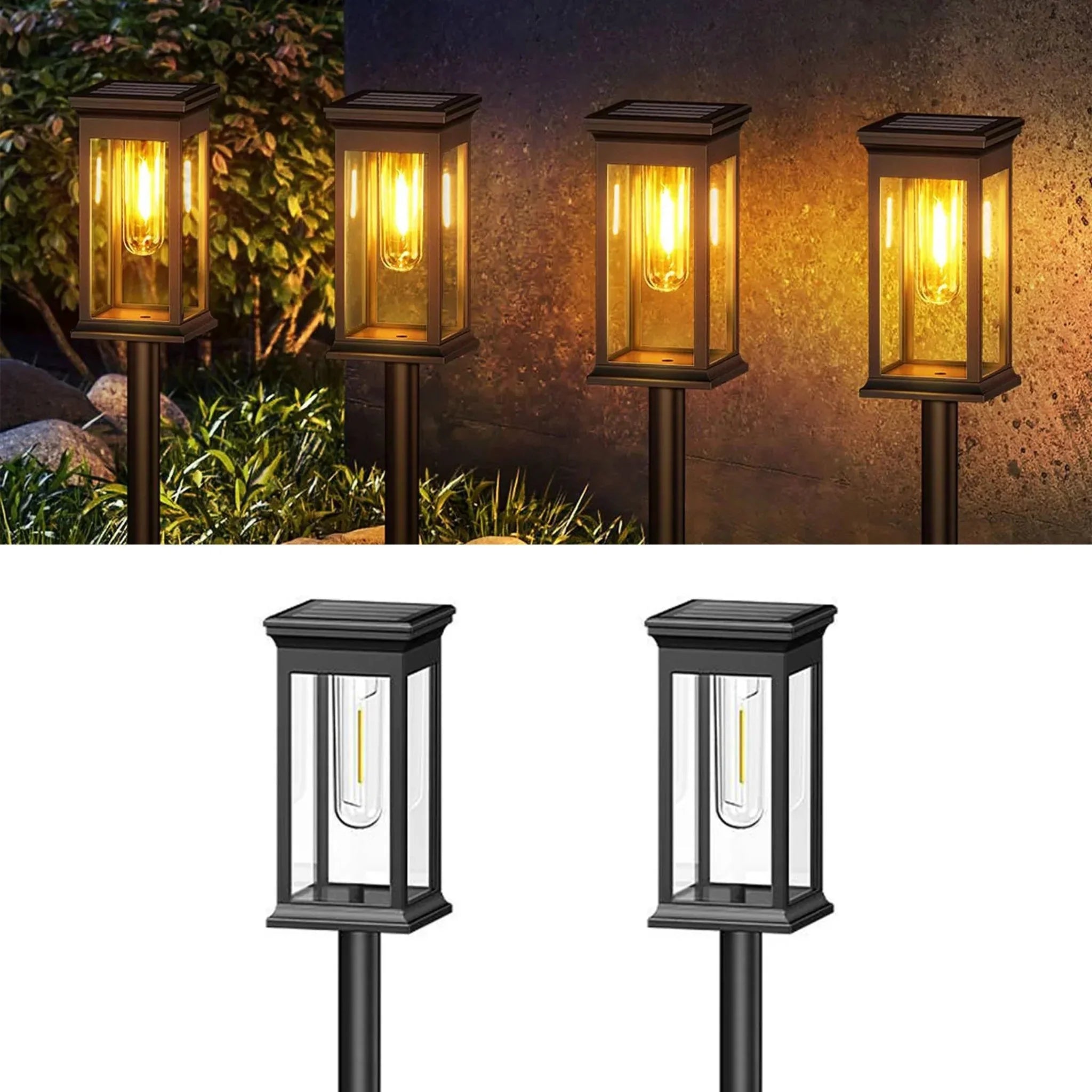 Garden Solar Post Lights Featuring Glass Panels and Metal Structure