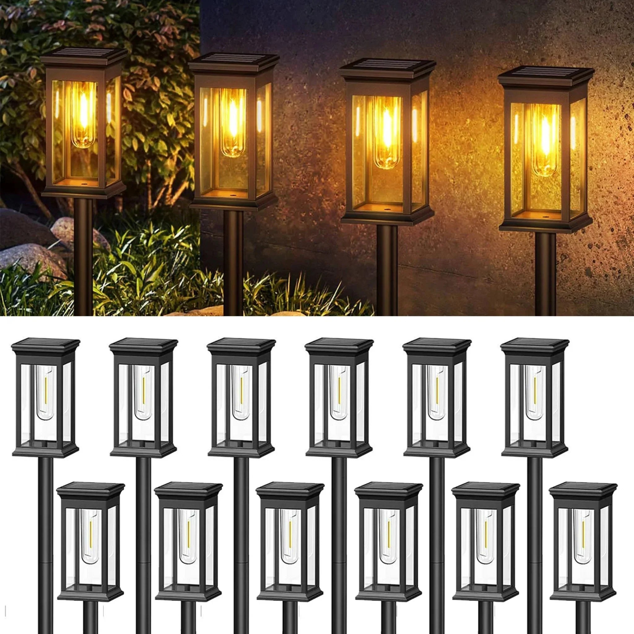 Garden Solar Post Lights Featuring Glass Panels and Metal Structure