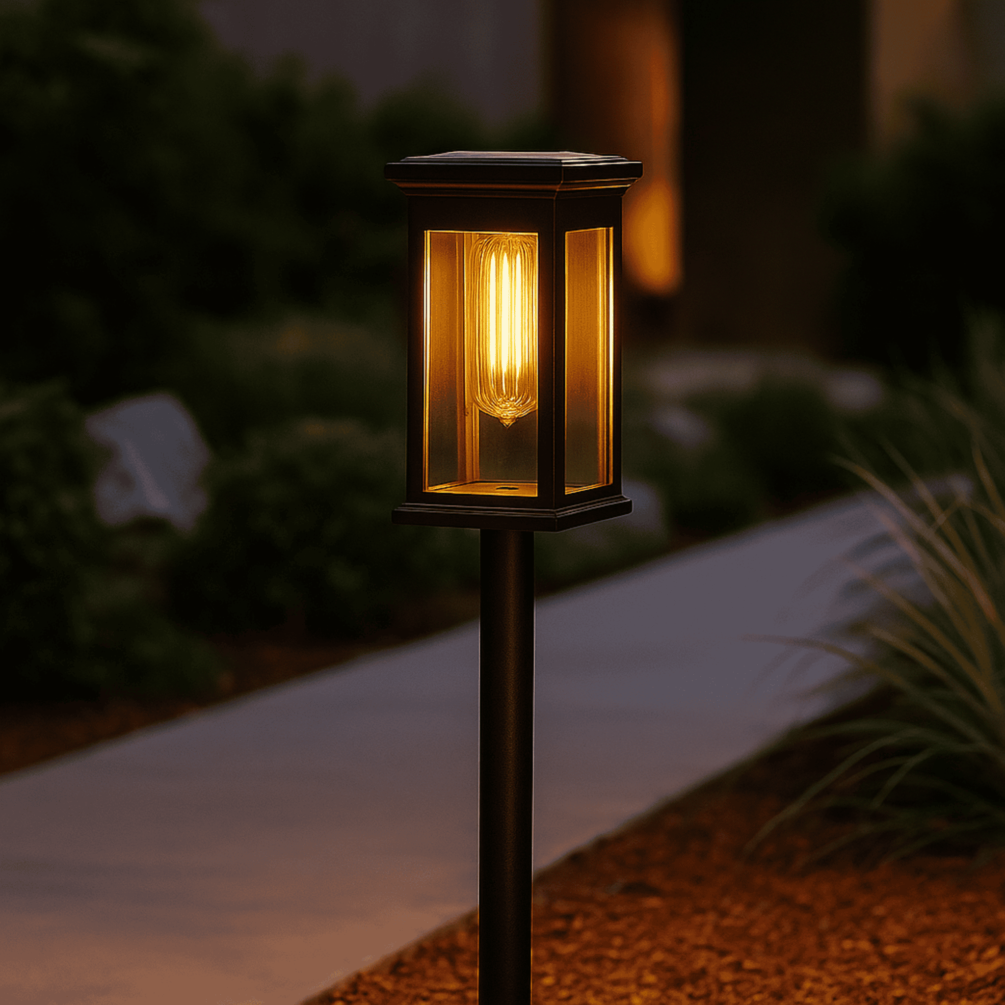 Garden Solar Post Lights Featuring Glass Panels and Metal Structure