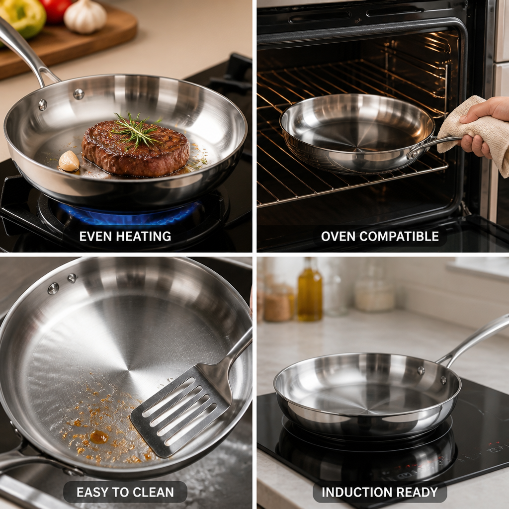 Three-Layer 316 Stainless Steel Frying Pan (Induction & Oven Compatible)