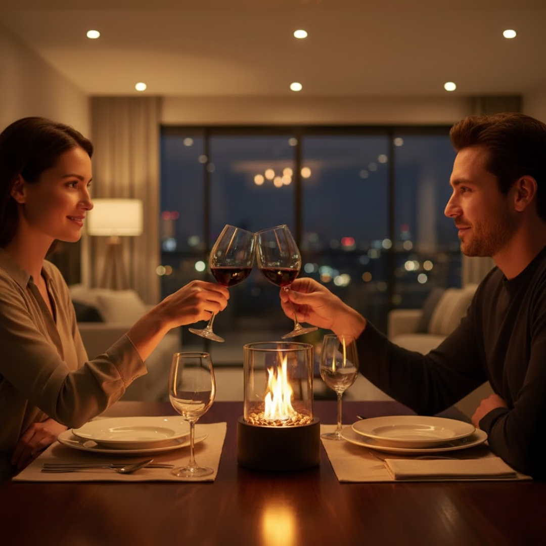 Glass Cylinder Bioethanol Fireplace for Tabletop with Metal Base